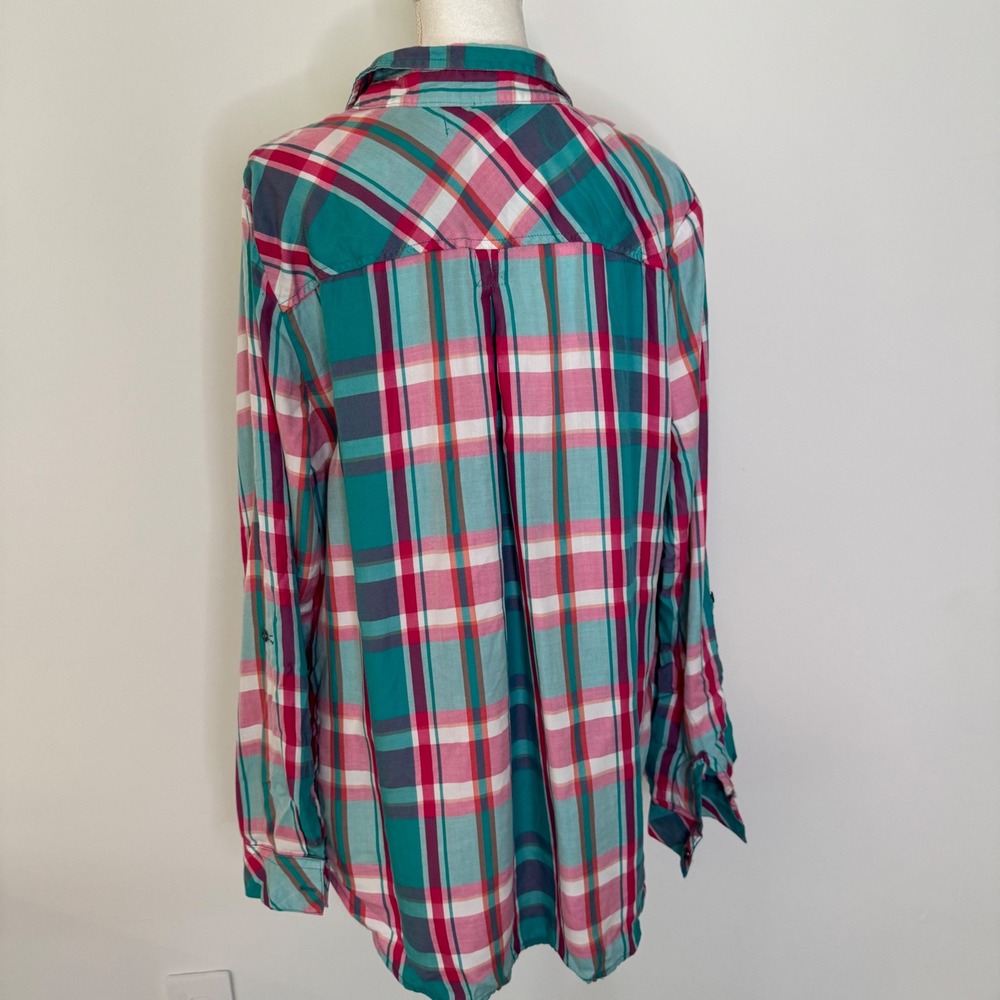 Kut from the Kloth Caillen Flannel Relaxed Button Down Top Pink Aqua Plaid XL - Picture 6 of 14